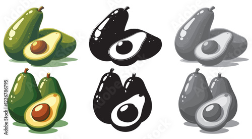 Set of fresh two whole and one half avocado isolated on white background. Organic food. and cartoon style. Vector illustration for designing