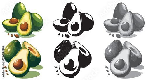 Set of fresh two whole and one half avocado isolated on white background. Organic food. and cartoon style. Vector illustration for designing