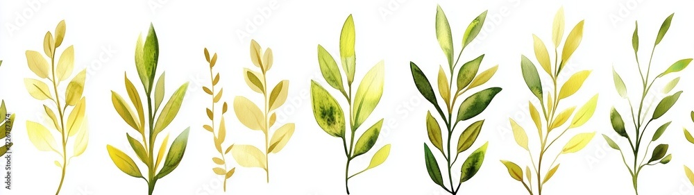 Naklejka premium Watercolor floral illustration set - green & gold leaf branches collection, for wedding stationary, greetings, wallpapers, fashion, background. Eucalyptus, olive, green leaves isolated
