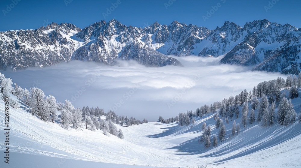 Snowy mountains above the clouds on a sunny winter day. Snowy mountains above the clouds on a sunny winter day.