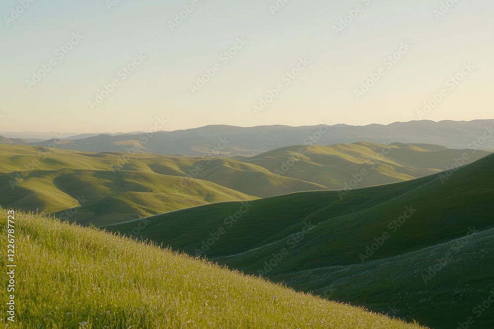 Obraz premium Rolling Hills in Bloom Rolling green hills covered in wildflowers stretching into the distance under a golden sunrise