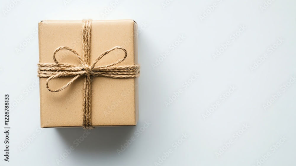 A beautifully wrapped gift box with twine on a light background. A beautifully wrapped gift box with twine on a light background.