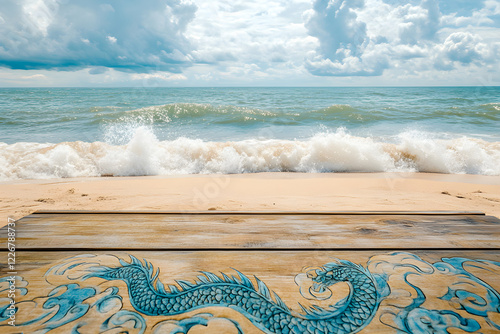 Dragon Design on Beach Wooden Plank with Ocean Waves