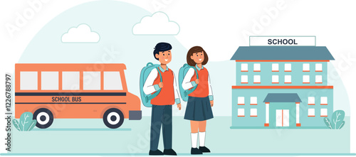 Back To School Student Education Illustration Students with backpacks, walking towards school or studying, symbolizing the return to school and the excitement of education.