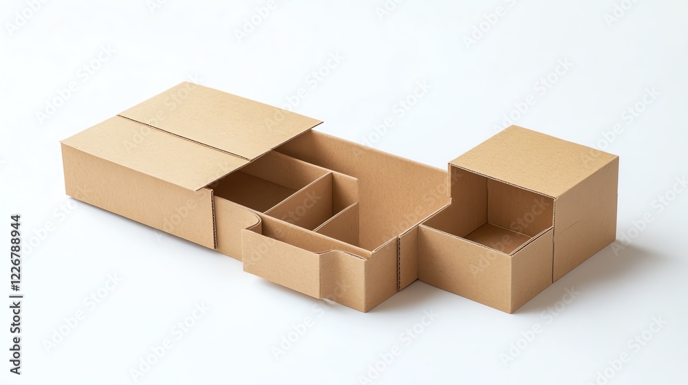 Fototapeta premium An arrangement of empty brown cardboard boxes on a white background.