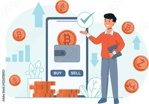 Cryptocurrency Trading and Bitcoin Wallet Concept Illustration A digital representation of cryptocurrency trading, with a Bitcoin wallet and trading graphs.