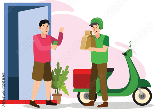 Food Delivery Illustration with Courier Handing Over Order to Customer at Doorstep A close-up illustration of a food delivery person handing the order to a customer at their door.