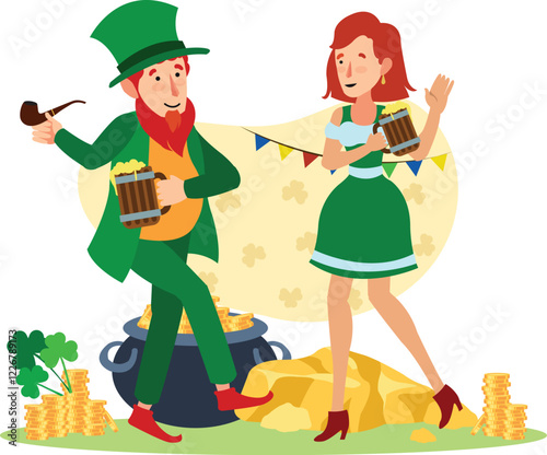Leprechaun and Woman Celebrating Saint Patrick’s Day with Beer and Gold Illustration A woman and a leprechaun raising a toast with beer and gold coins, celebrating Saint Patrick’s Day.