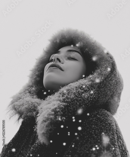 High-Resolution Portrait of a Woman in a Winter Coat Standing in Heavy Snowfall with Eyes Closed