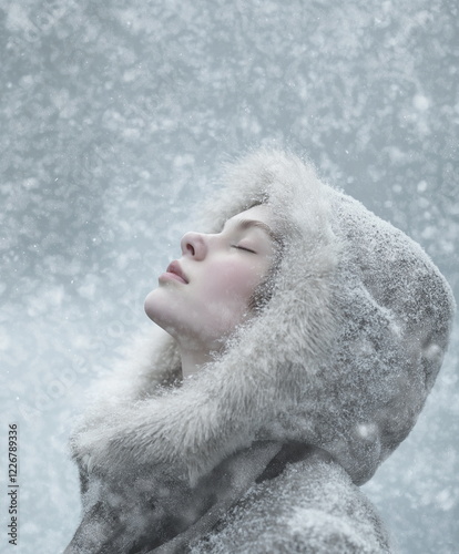 High-Resolution Portrait of a Woman in a Winter Coat Standing in Heavy Snowfall with Eyes Closed