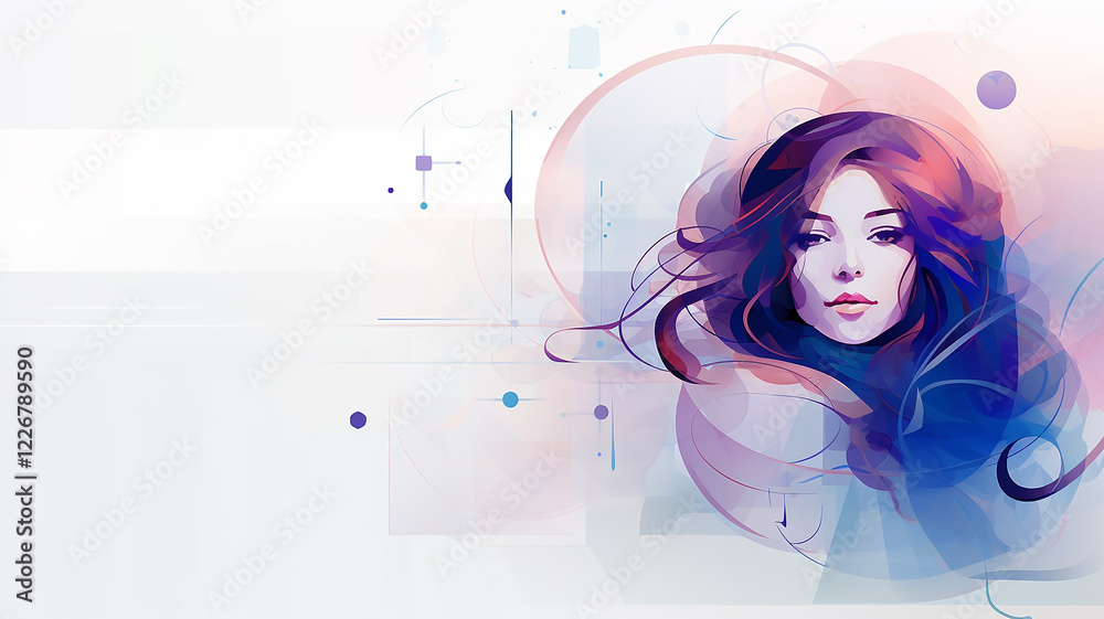 A woman's face on a white background, purple watercolor geometric abstraction