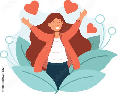 Women's Day Celebration Illustration Featuring a Happy Woman with Hearts A cheerful woman surrounded by heart symbols, celebrating Women's Day and empowerment.