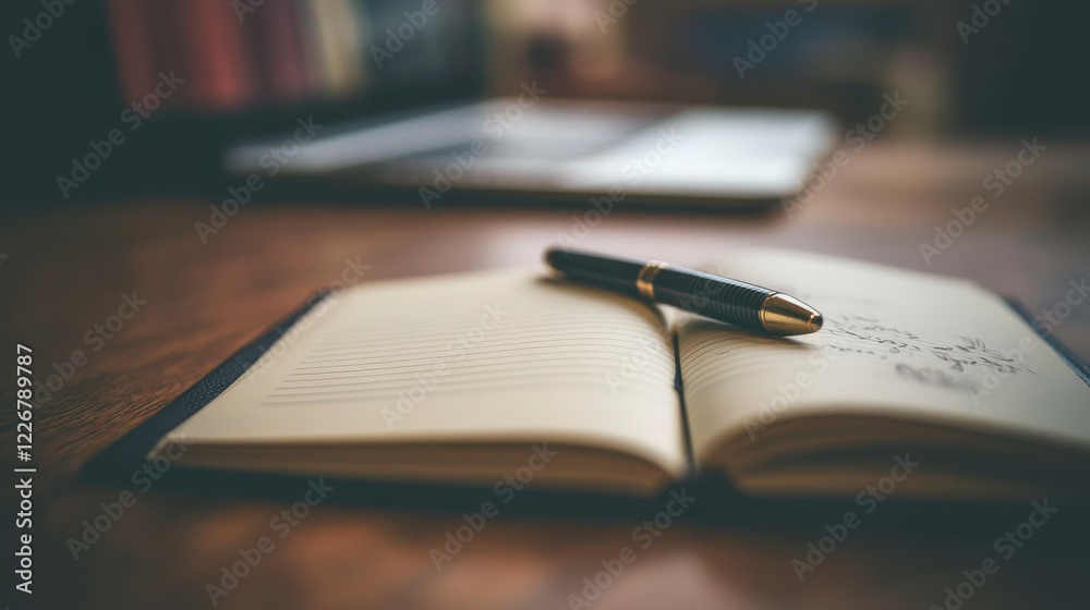 Close-Up of a Desk Setup Featuring a Computer, Notepad, and Pen on a Soft Background Close-Up of a Desk Setup Featuring a Computer, Notepad, and Pen on a Soft Background
