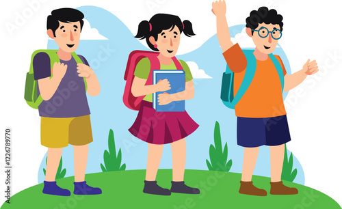 Back to School Illustration with Happy Kids Carrying Backpacks and Books A cheerful depiction of kids with backpacks and books, excited for their school journey.