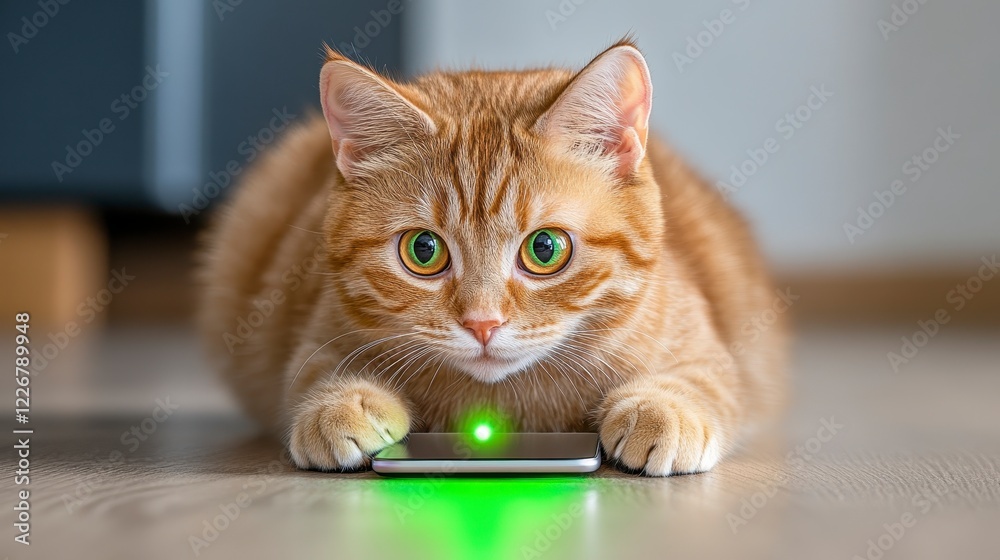 Curious Ginger Cat Engaged with Green Laser Pointer on Floor Curious Ginger Cat Engaged with Green Laser Pointer on Floor