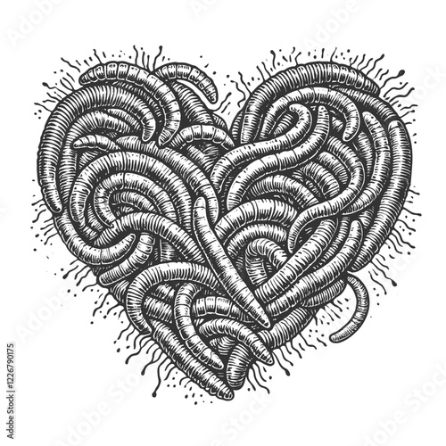 wriggling earthworms worms intricately arranged in heart shape, showcasing texture, detail, and a unique organic sketch engraving generative ai vector illustration. Scratch board. Black and white.