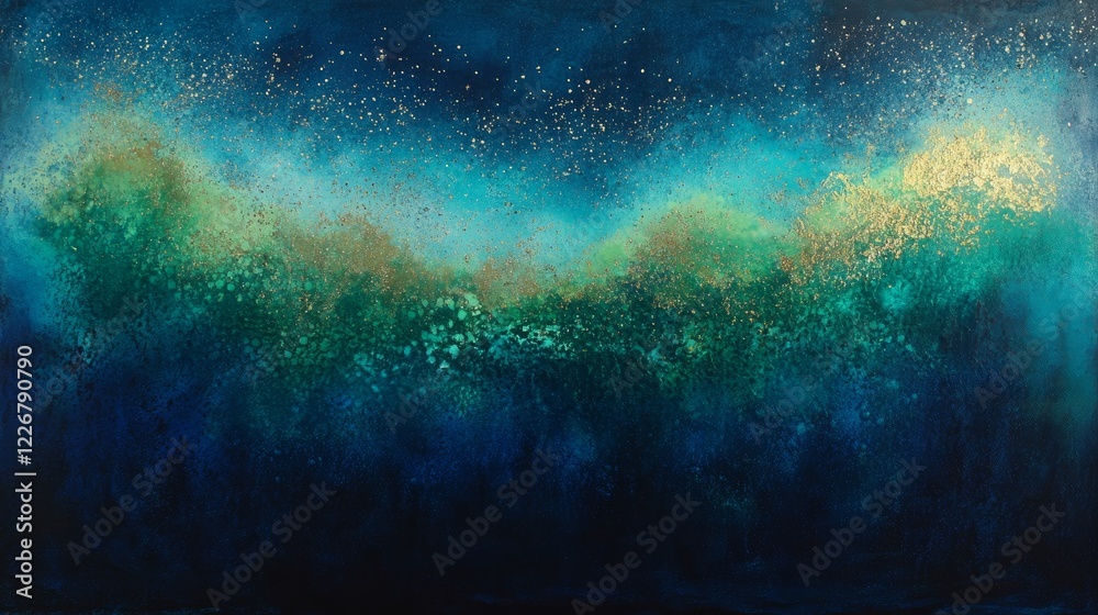 Obraz premium Teal and lime gradient with metallic textures and glitter particles