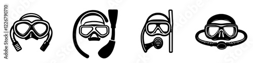 Diverse styles of diving masks illustrated in a clear and minimalistic design