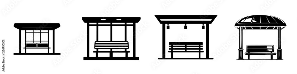 Different styles of bus shelters in various designs showcasing seating and coverings for waiting passengers Different styles of bus shelters in various designs showcasing seating and coverings for waiting passengers
