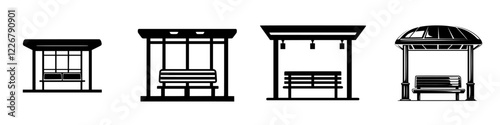 Different styles of bus shelters in various designs showcasing seating and coverings for waiting passengers