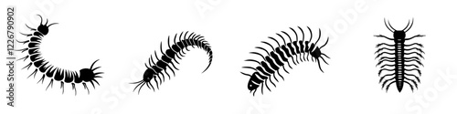Various silhouettes of centipedes arranged in a row on a white background showcasing their unique shapes and sizes