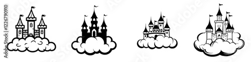 Fantasy castles on clouds with distinct designs showcasing whimsical architecture and imagination