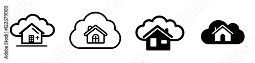 Four distinct house icons representing different styles of homes in a minimalist design against a cloud backdrop