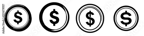 Different designs of dollar signs in circular shapes showcasing diverse artistic styles and representations
