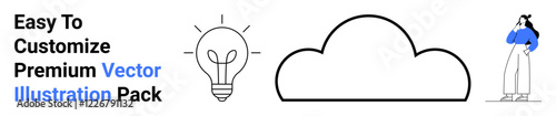 Lightbulb symbolizing ideas, cloud representing storage or innovation, and thoughtful figure holding a smartphone. Ideal for technology, creativity, innovation, design, communication, thinking flat