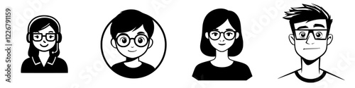 Diverse group of animated characters with glasses showcasing various expressions and styles