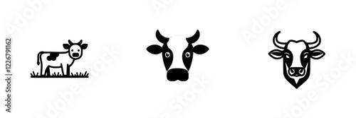 Icons of cows showcasing a calf, adult, and bull in a minimalistic black and white design on a light background