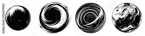 Artistic representation of celestial bodies in a monochrome style featuring swirling patterns and textures