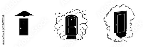 Open doors with clouds and mist signify transitions and possibilities in a creative illustration
