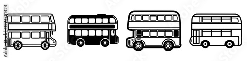 Different styles of double-decker buses displayed in a row showcasing urban transportation evolution