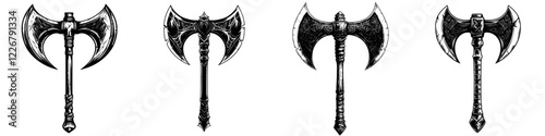 Various designs of fantasy battle axes showcased for weapon enthusiasts in a creative display
