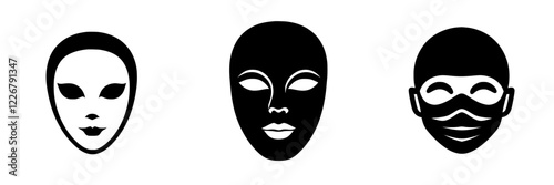 Unique collection of artistic face masks showcasing different expressions and styles in monochrome colors