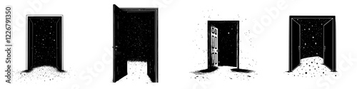 Exploration of mysterious doors leading to unknown realms covered in dust