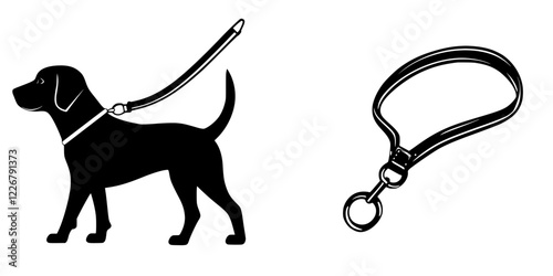 Dog on a leash with a simple attachment in a quiet outdoor setting during the day