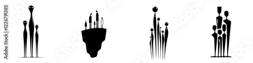 Creative abstract art featuring unique black and white figures showcasing various human forms and group dynamics