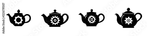 Artistic depiction of teapots with gear motifs, blending traditional and industrial elements in a creative design