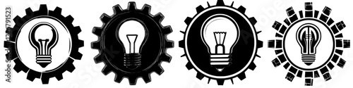 Four unique light bulb and gear designs showcasing creativity in engineering and innovation