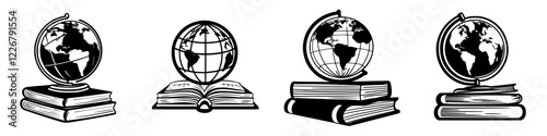 Collection of globes representing geography and education placed on stacks of books in a simple and elegant design