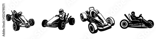 Four black and white racing go-karts positioned side by side with racing drivers in helmets during a competition