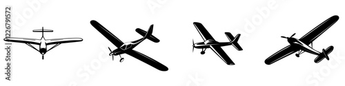 Different types of airplanes in various flying positions in a minimalist style showing their design and structure