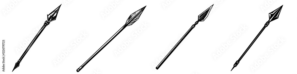 Various designs of spears showcasing different styles and features on a plain background Various designs of spears showcasing different styles and features on a plain background