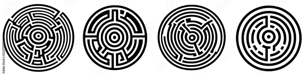 Circular maze designs featuring intricate paths and patterns with distinct variations in structure Circular maze designs featuring intricate paths and patterns with distinct variations in structure