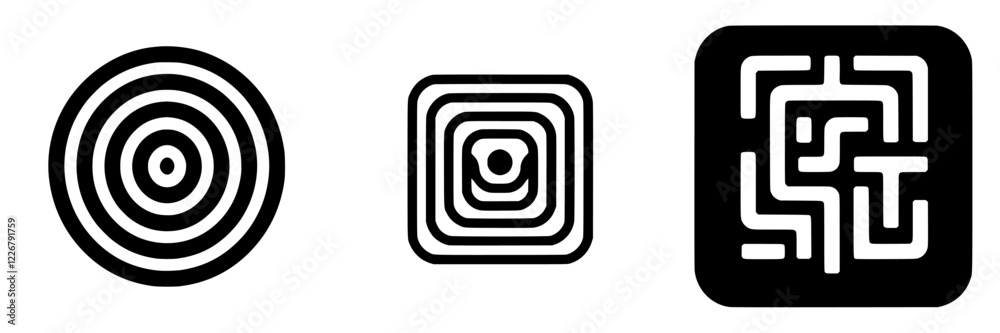 Geometric patterns featuring concentric circles and square designs in black and white
