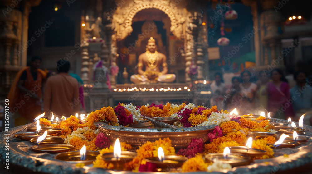 Rishabhdev Janma Kalyanak, celebratory atmosphere at Jain temple with thousands of oil lamps lit, devotees performing puja rituals with flower and incense offerings, Rishabhdev Janma Kalyanak, celebratory atmosphere at Jain temple with thousands of oil lamps lit, devotees performing puja rituals with flower and incense offerings,