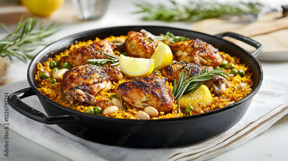 Fototapeta premium Traditional Spanish Paella Valenciana with Chicken and Fresh Herbs