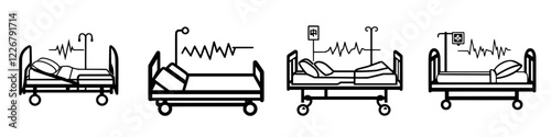 Illustrations of patients in hospital beds with different health status indicators in a healthcare setting